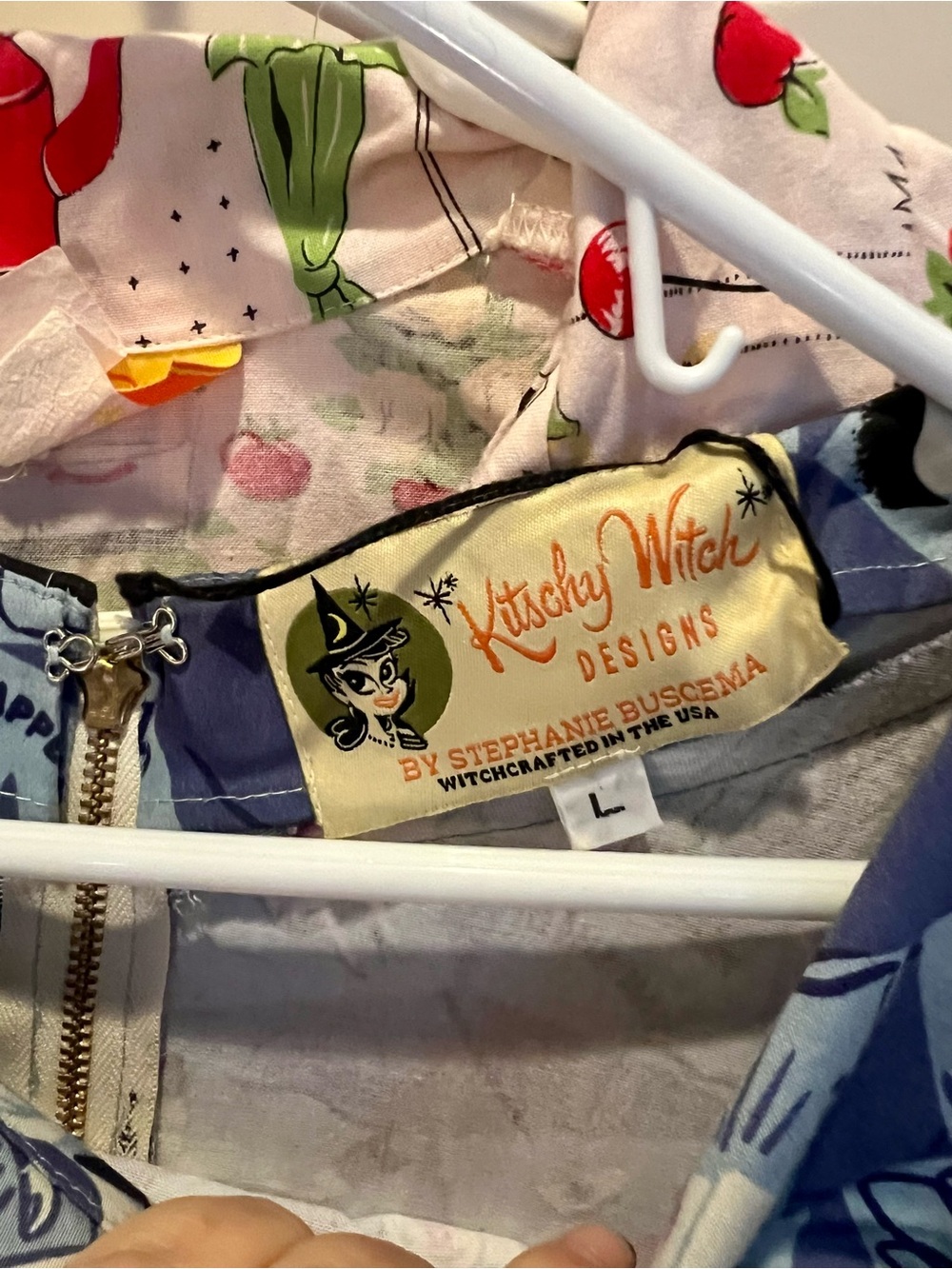 Kitschy Witch Designs Dress by Stephanie Buscema — Blue & Grey Print and Pink